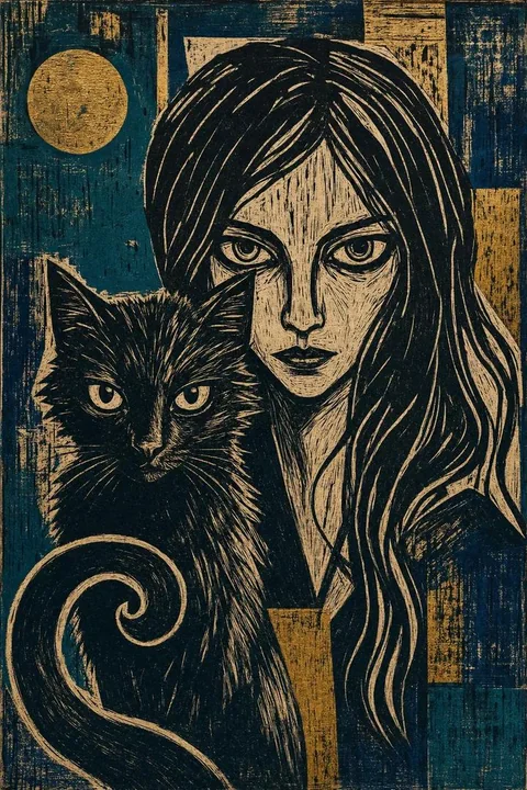 表现主义林刻版画黑猫与少女