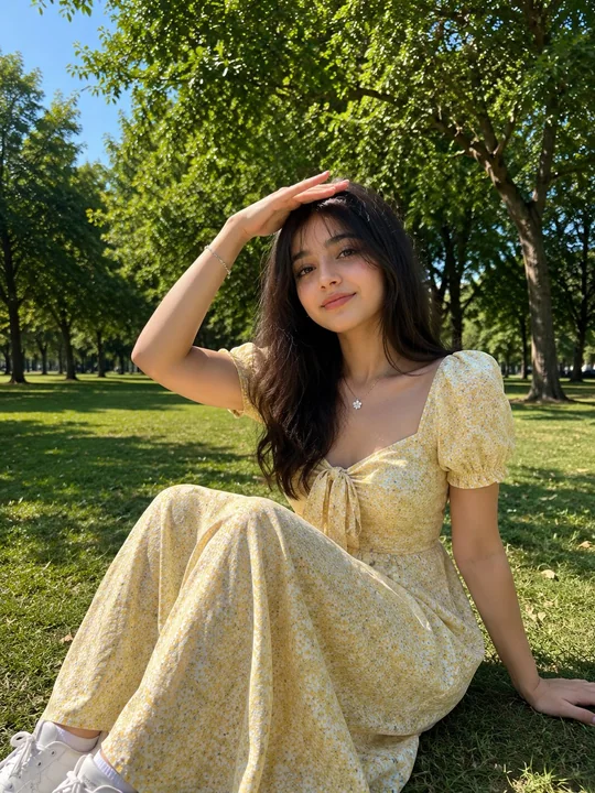 阳光下草坪上穿黄色碎花裙的少女