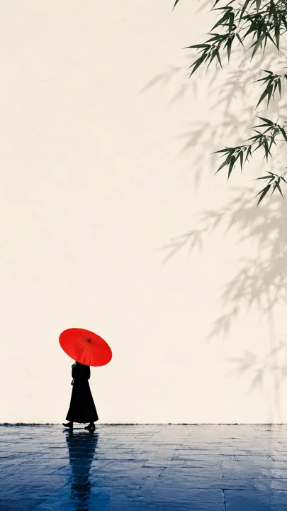 东方禅意极简红伞白墙海报