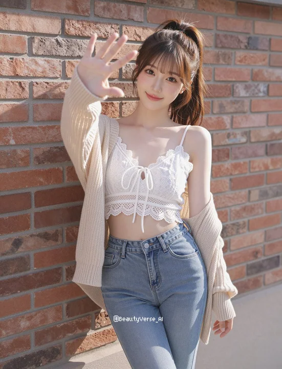 阳光红砖墙边可爱日本女性全身人像
