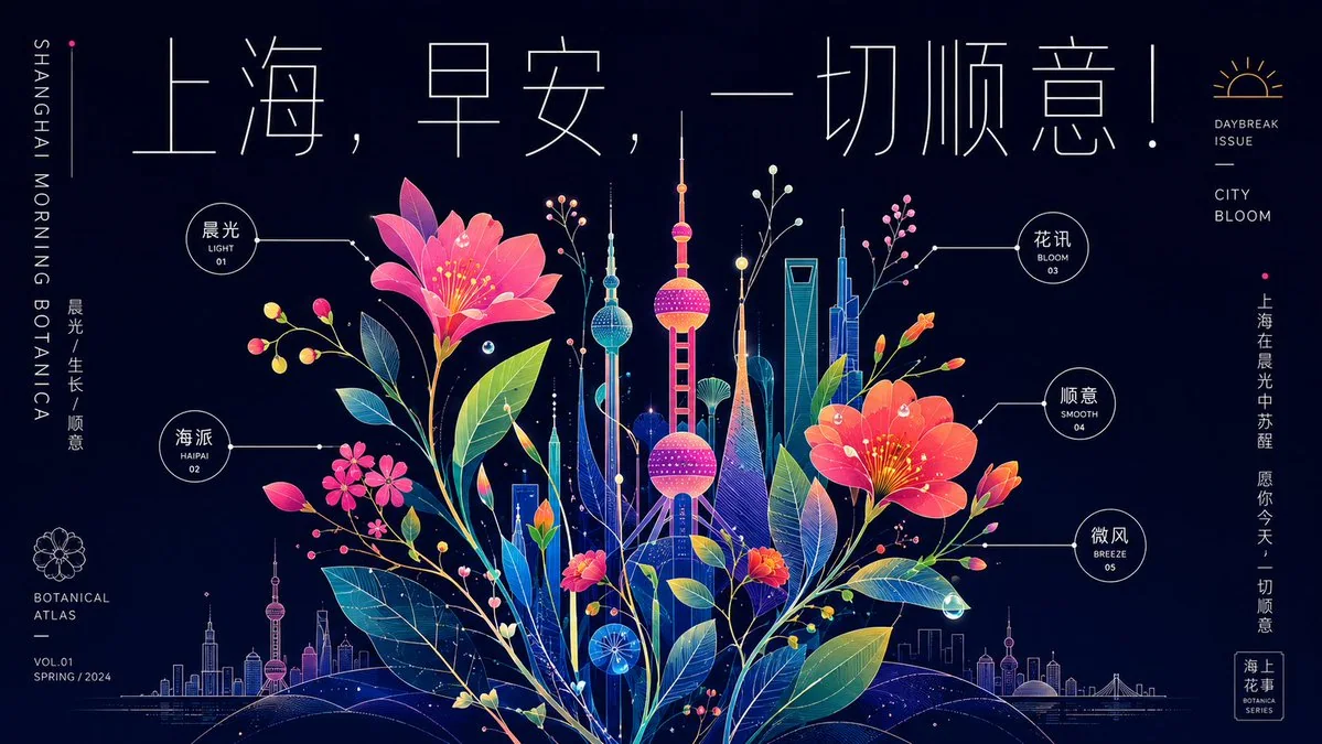 霓彩植物图谱风格上海早安设计海报
