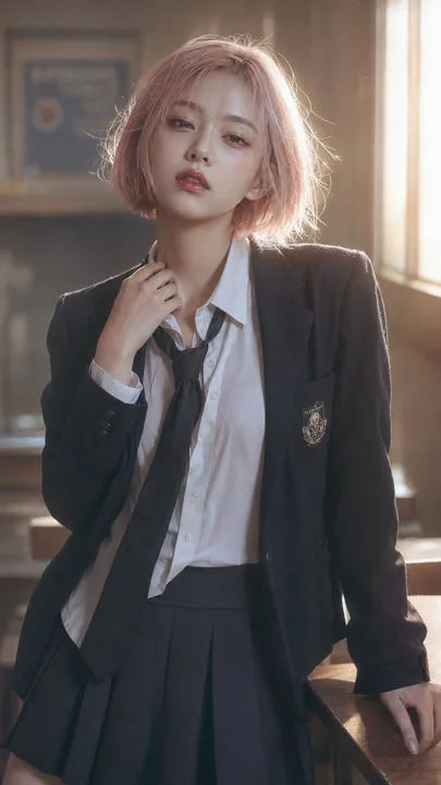 韩系社论校园风粉色短发少女肖像