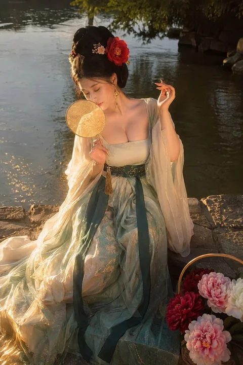 暖金逆光唐风仕女湖边人像