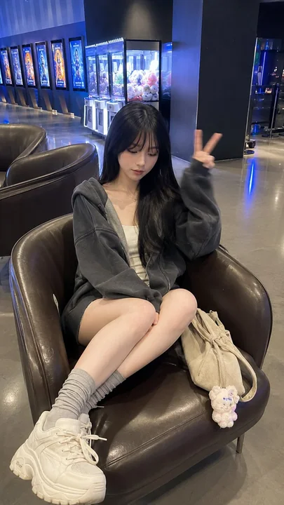 影院大堂休息的东亚年轻女性人像