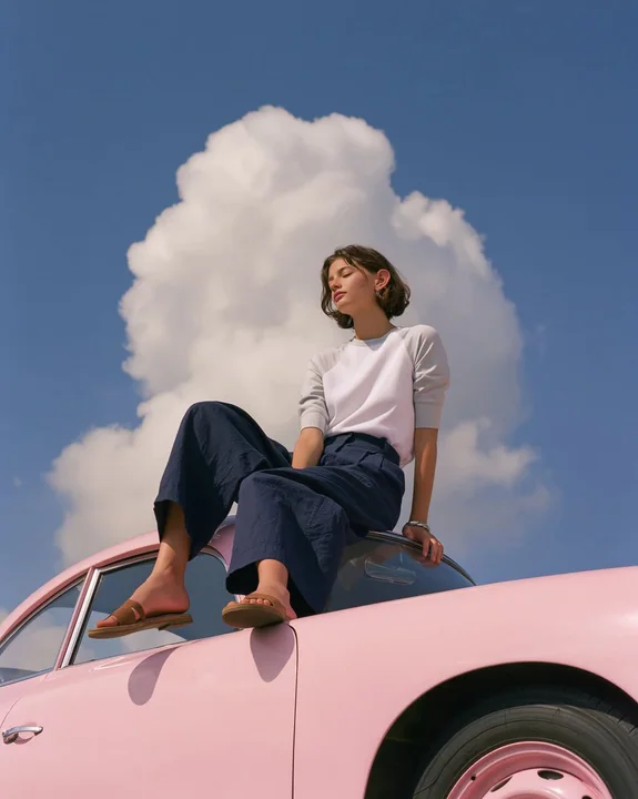粉色保时捷车顶的极简时尚少女
