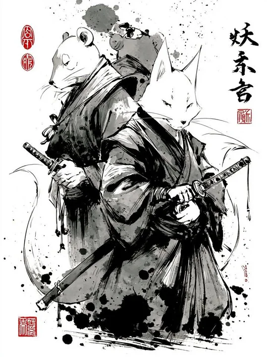 日式水墨狐狸与老鼠武士插画