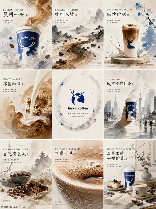 瑞幸咖啡高端淡彩国画水墨九宫格海报