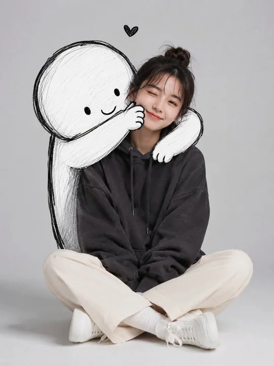 简约少女与黑白涂鸦抱抱肖像