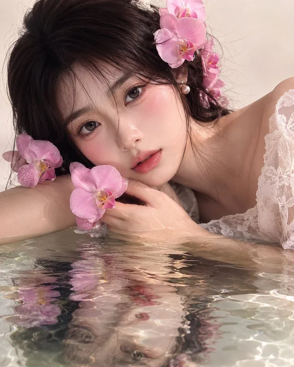 水面映入兰花少女超写实人像