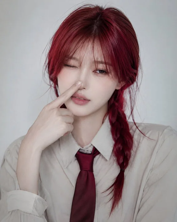 红发麻花辫职场美女单眼眨眼特写