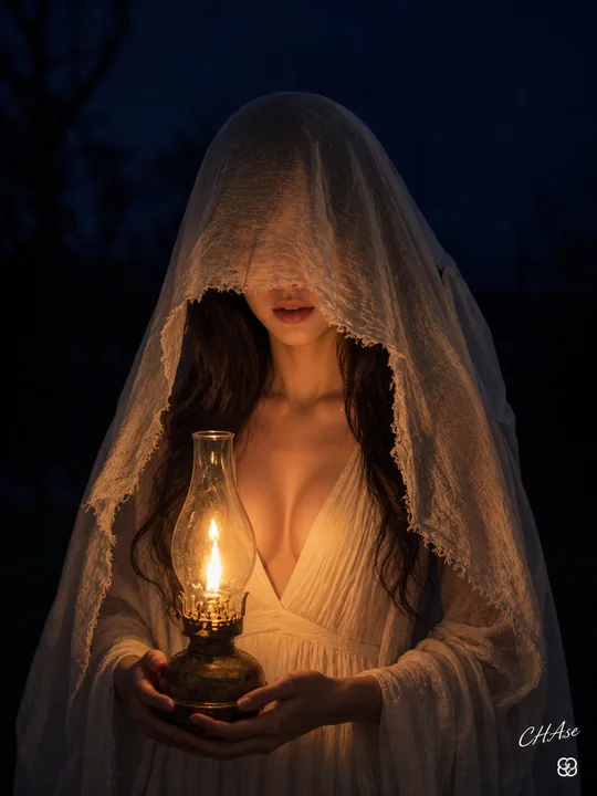 哥特幻想持灯少女神秘面纱人像