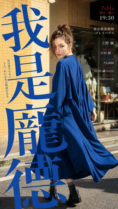 现代日剧风格蓝色长裙街拍海报