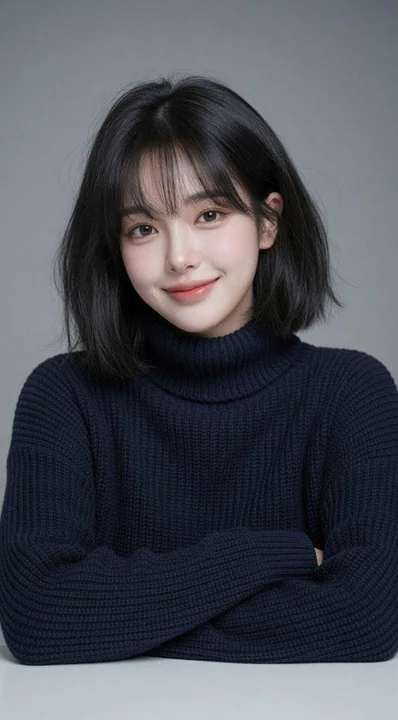 东亚女性深蓝高领毛衣质感肖像