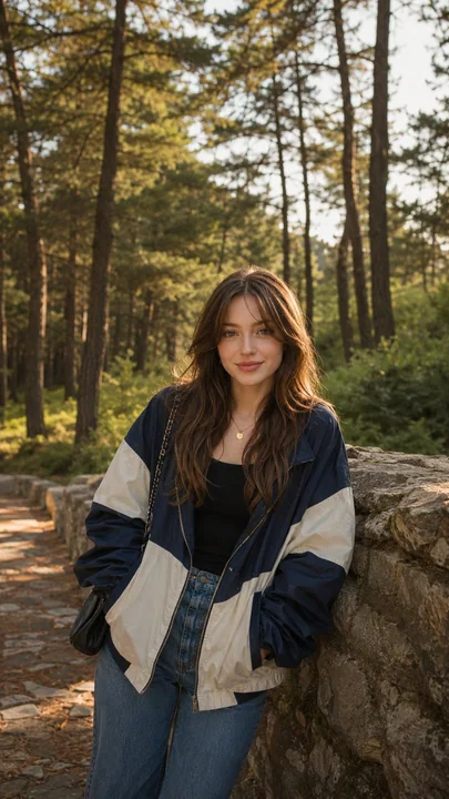 松林石墙边阳光下的年轻女性户外人像
