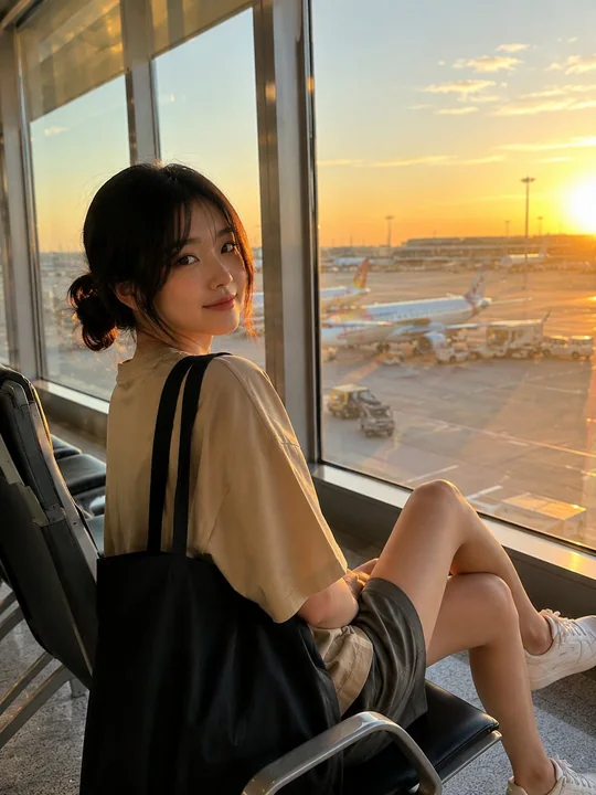 机场落地窗前的韩国美女纪实摄影