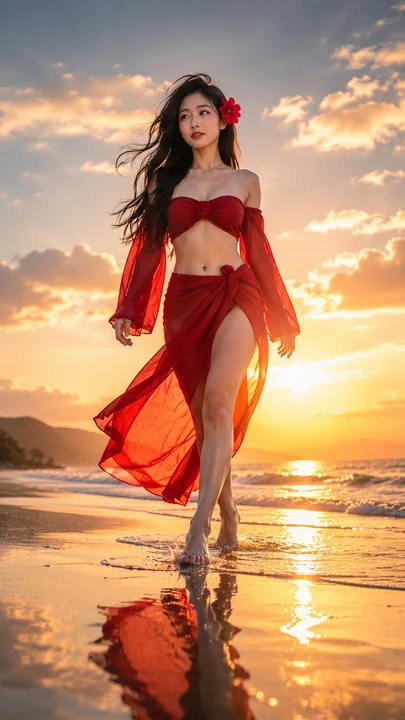 唯美日落海边东亚女性时尚写真