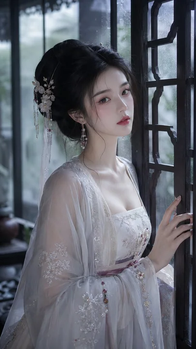 古风贵女冷感水光美妆写真雨后江南