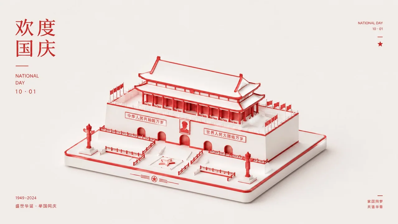3D微缩极简红白国庆建筑海报