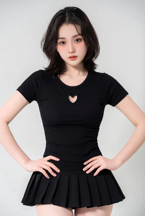 黑色镂空上衣与百褶裙东亚美女影棚写真