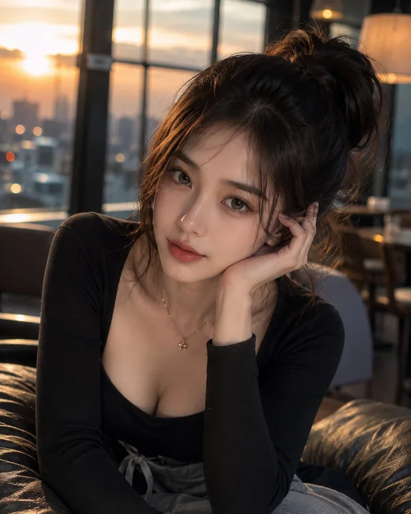 黄金时刻窗边东亚女性超写实人像