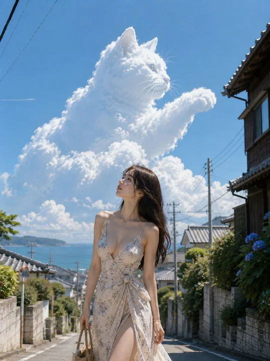 盛夏海边坡道上的猫形积雨云与女子