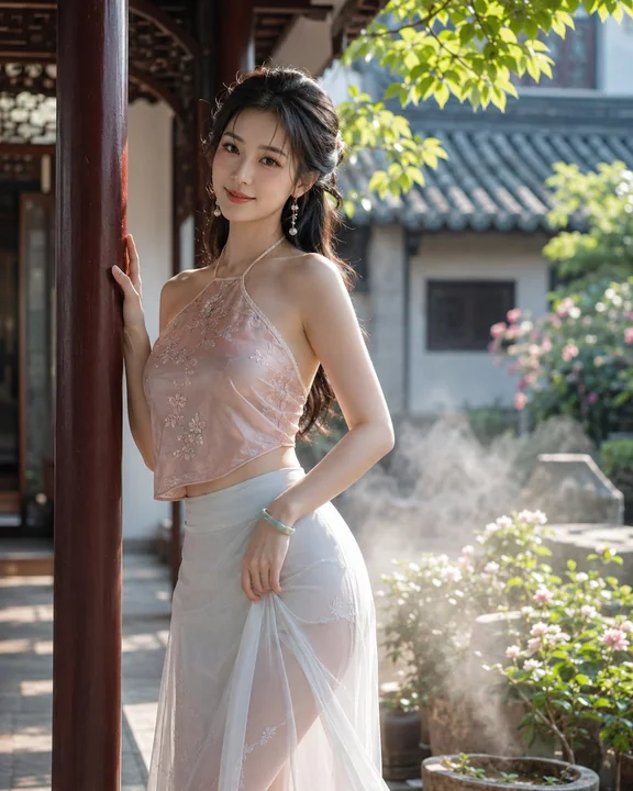 新中式庭院粉色真丝肚兜女性写实写真