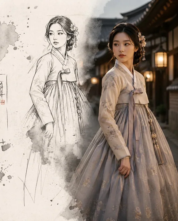 朝鲜王朝女性水墨素描转写实人像