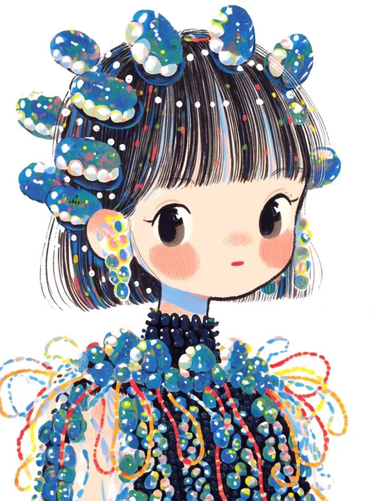蓝珍珠礼服可爱女孩梦幻时装插画