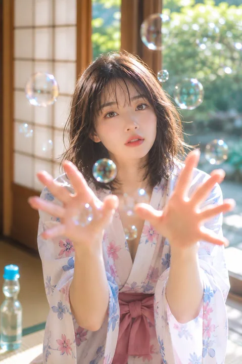 追逐肥皂泡的浴衣少女和室肖像
