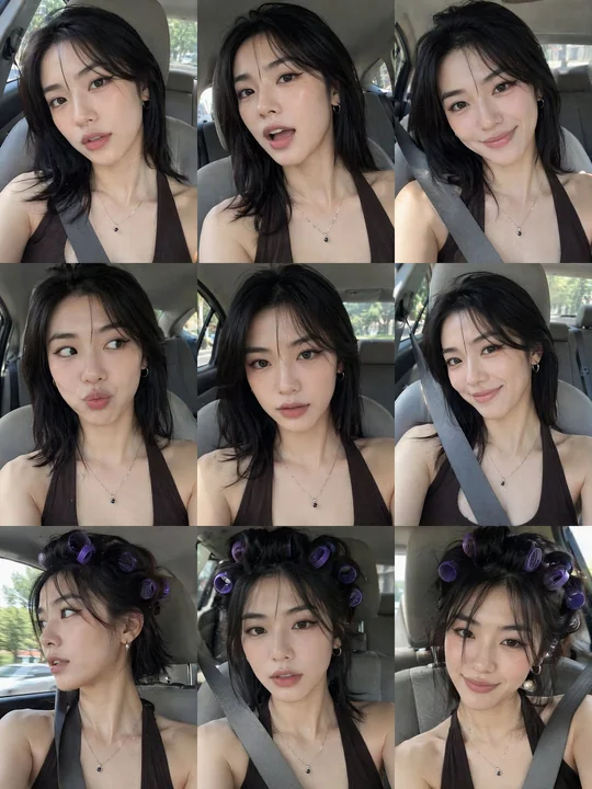 东亚女性车载自拍写实摄影提示词