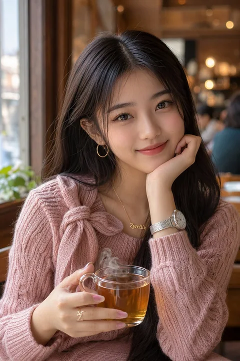 咖啡馆窗边粉色毛衣东亚女性特写人像