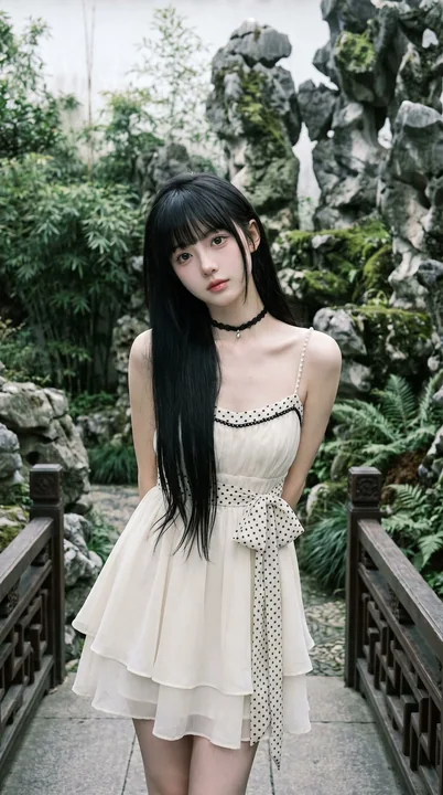 超写实中式园林黑发少女电影感肖像