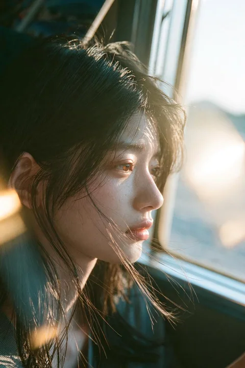 唯美海边夕阳窗边忧郁少女