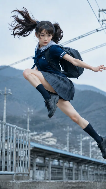 日系夏季制服少女山顶车站跃起写实全景