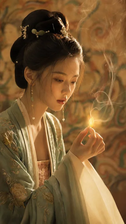 敦煌背景持金瓣汉服女子电影感特写