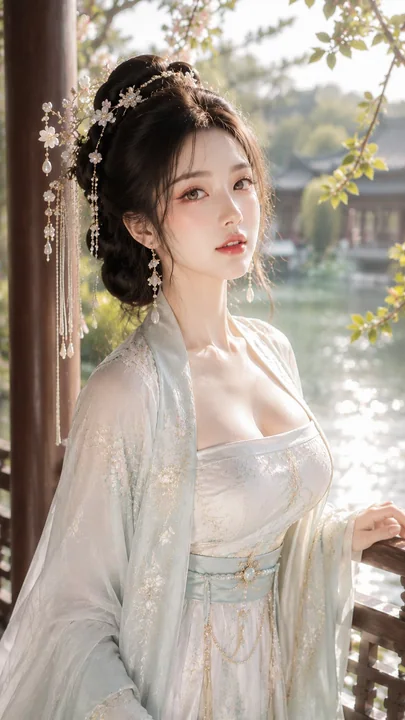 古风贵女湖畔水榭清润水光写真