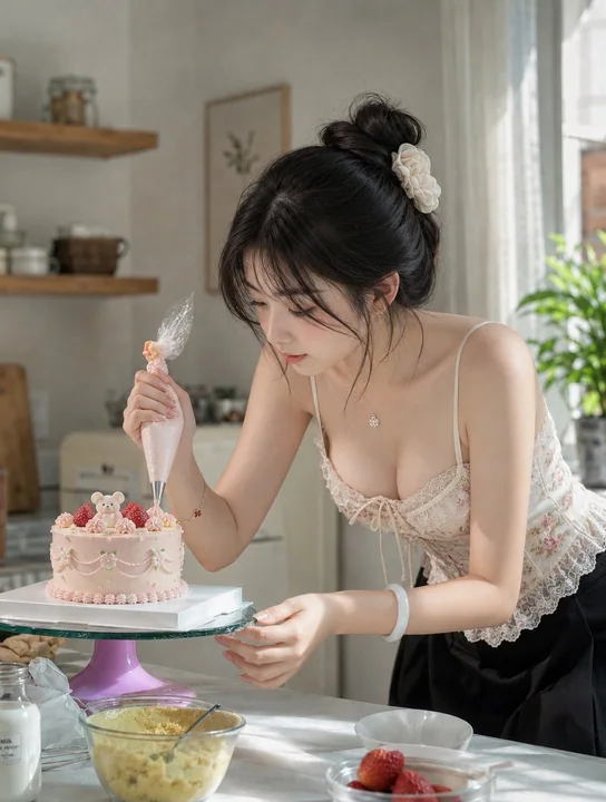 装饰草莓小熊蛋糕的日系少女