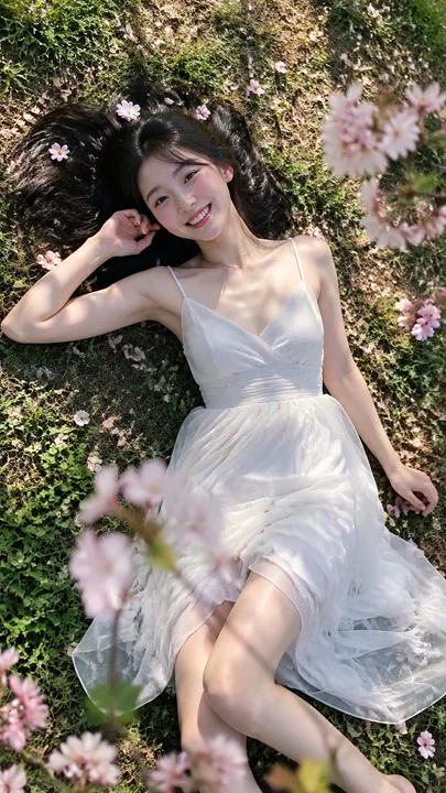樱花草坪白纱裙年轻女性户外写真