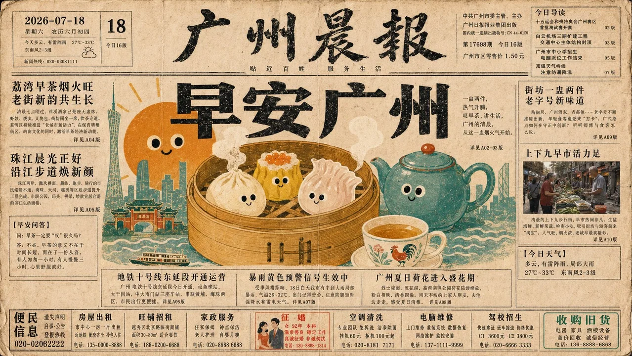 旧报纸头版插画风格城市早安文化