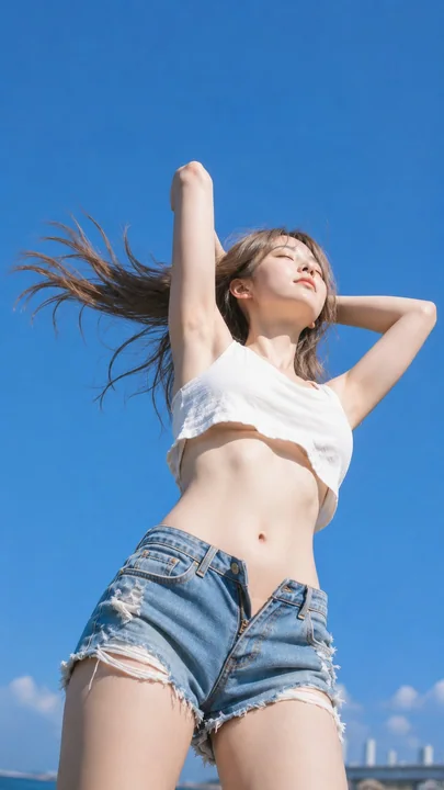 蓝天下长发飘扬的夏日时尚人像