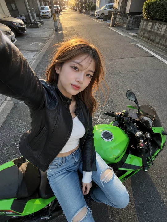 黄金时刻日系机车少女手机自拍