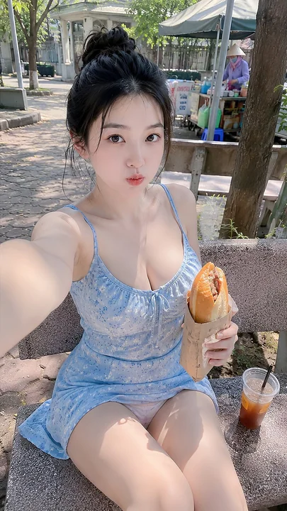 树荫下穿着浅蓝吊带裙的女孩校园自拍