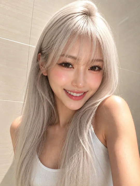 室内极简樱桃红发亚裔女性写实人像