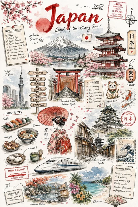复古手绘旅行日志插画风格