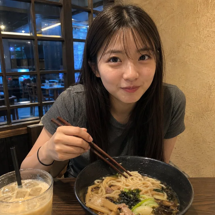 超写实日式餐厅少女吃面手机随拍