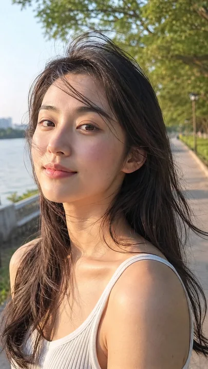 清晨河边步道清透少女真实质感人像摄影
