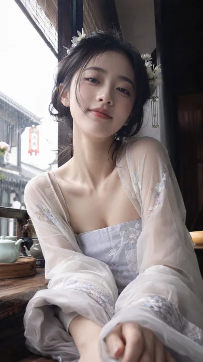 茶楼听雨:月白罗裙下的温婉互动瞬间