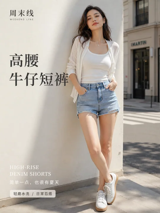 夏日午后街道高级感高腰牛仔短裤时尚海报