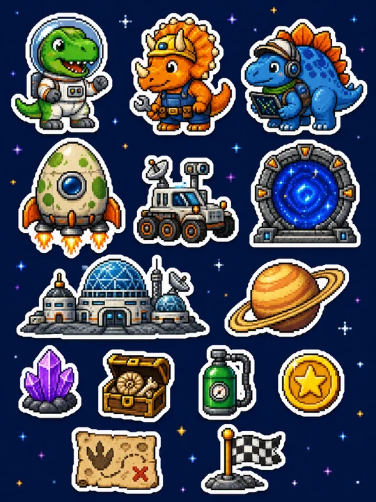16位像素风太空恐龙探险贴纸集