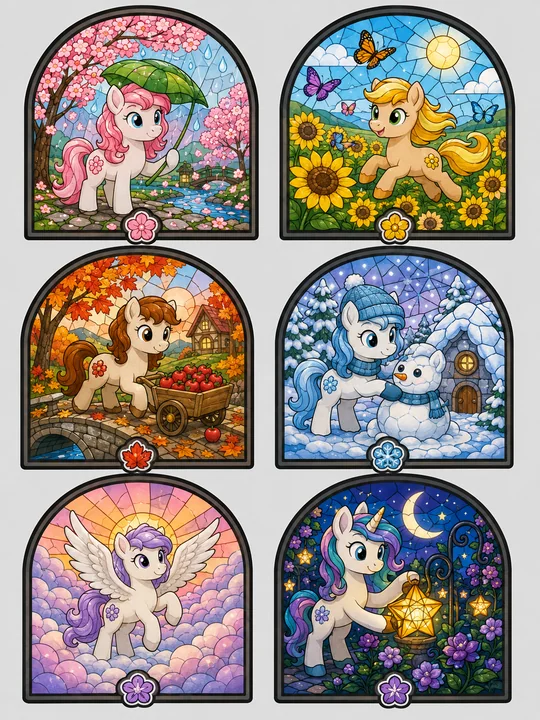 梦幻小马四季窗影彩色玻璃静电贴